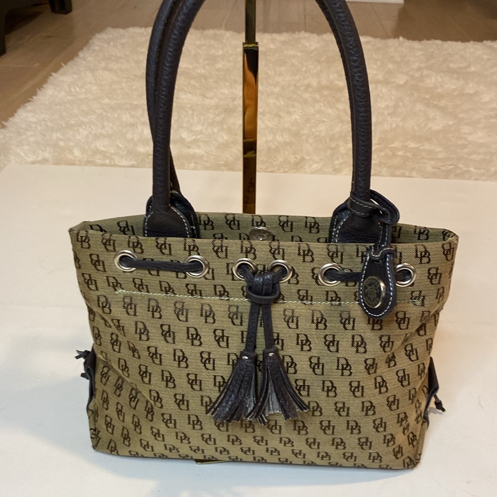 Dooney & Bourke Brown Fabric with Dark Brown Leather Trim Small Tote